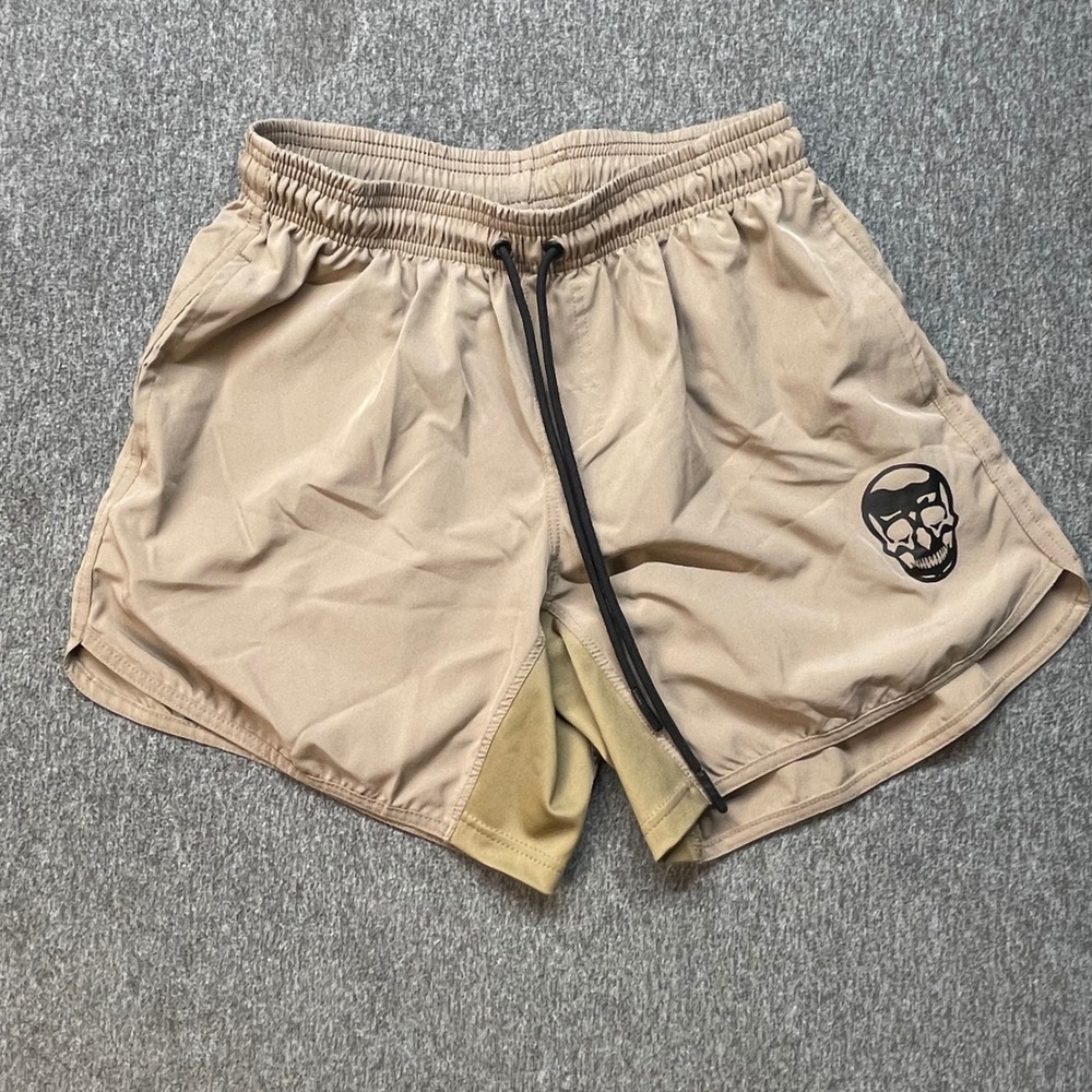 Gymreapers Mens Training Shorts Tan Khaki Skull Graphic Medium